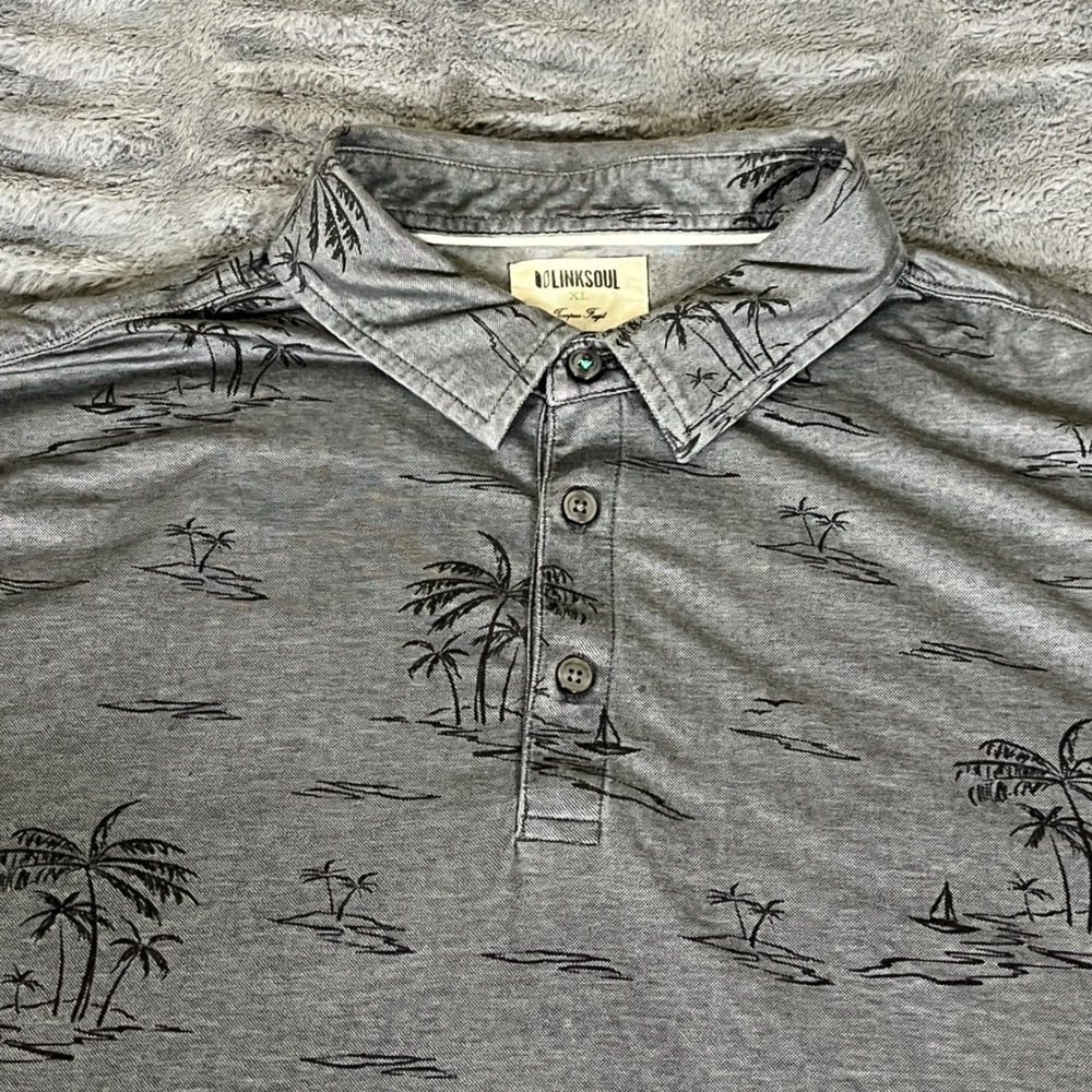 LINKSOUL Mens XL Gray Palm Tree Tropical Pima Cotton Blend Golf Polo LS1383P
